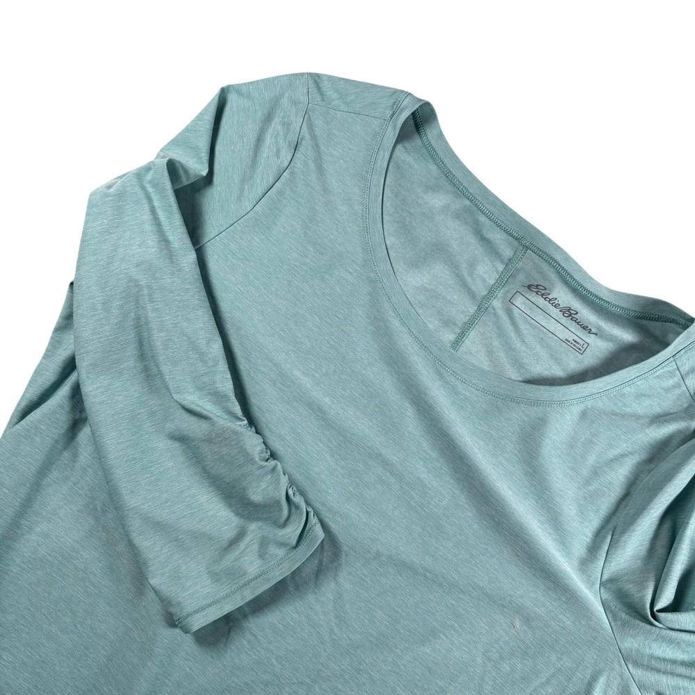 Eddie Bauer Top Womens L Teal Good 3/4 Ruched Sleeve Scoop Neck Active T-Shirt